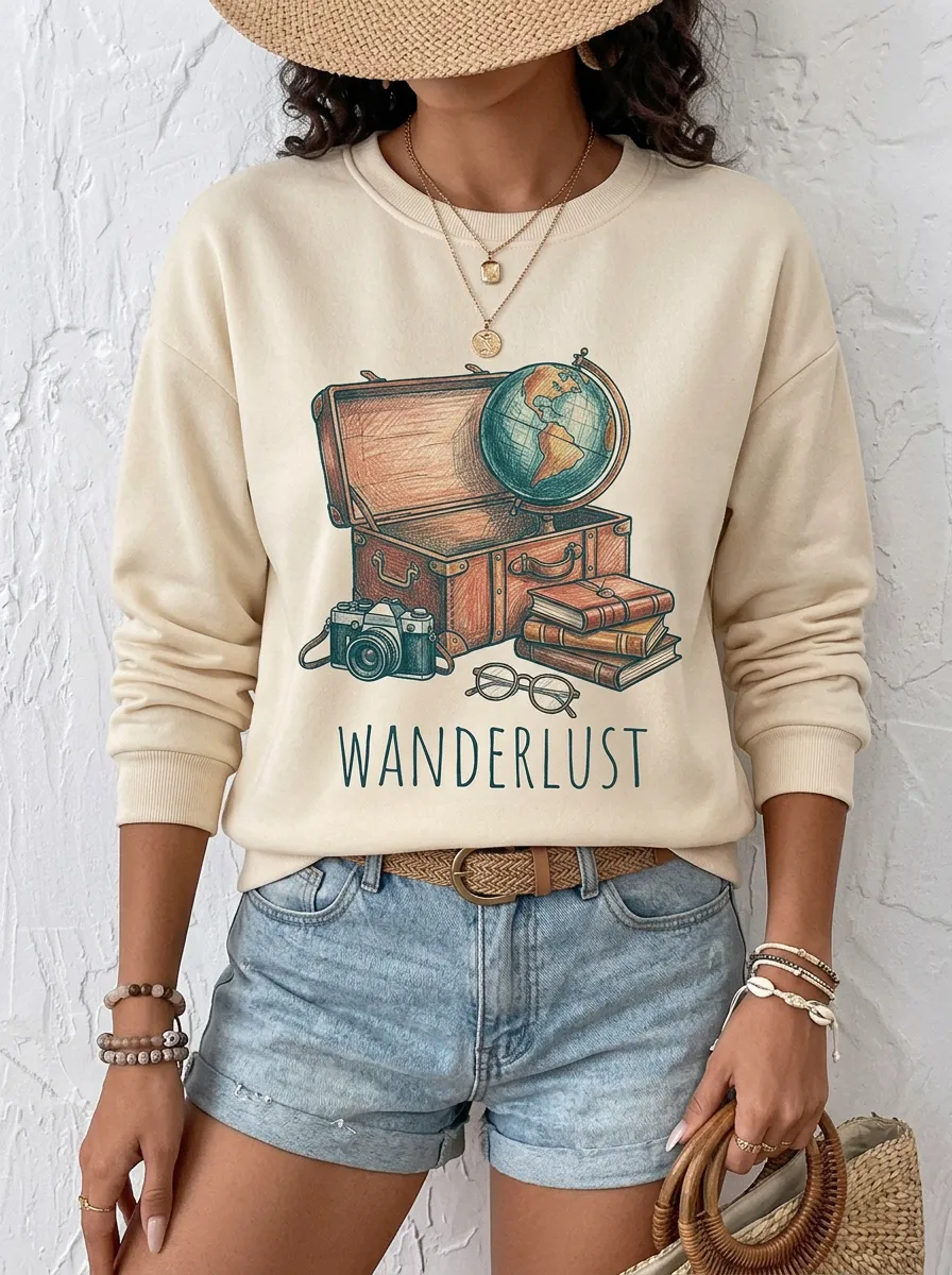 Women's Travel-Inspired Wanderlust Globe Camera Printed Sweatshirt