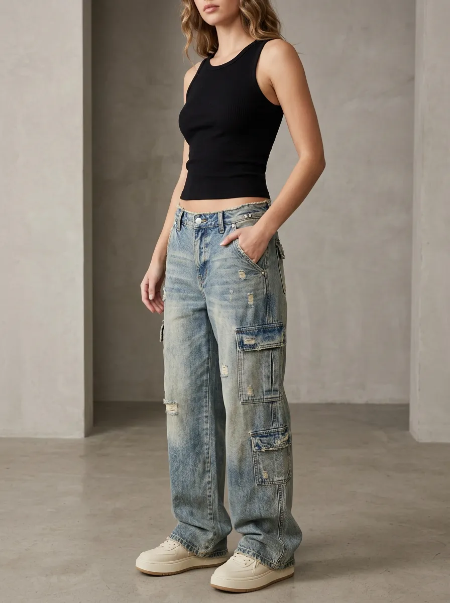 Women's Streetwear Distressed Denim Cargo Pants