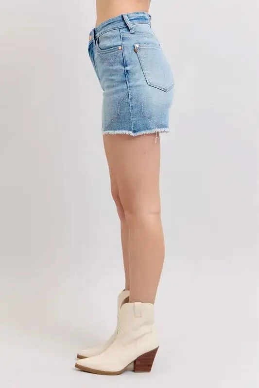 High Waist Embroidery Detail Cut Shorts Denim Pants
