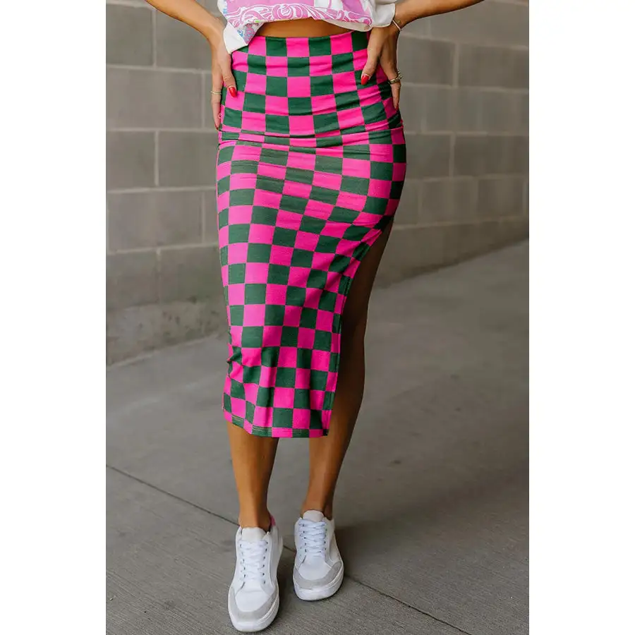 Split Checkered Midi Skirt