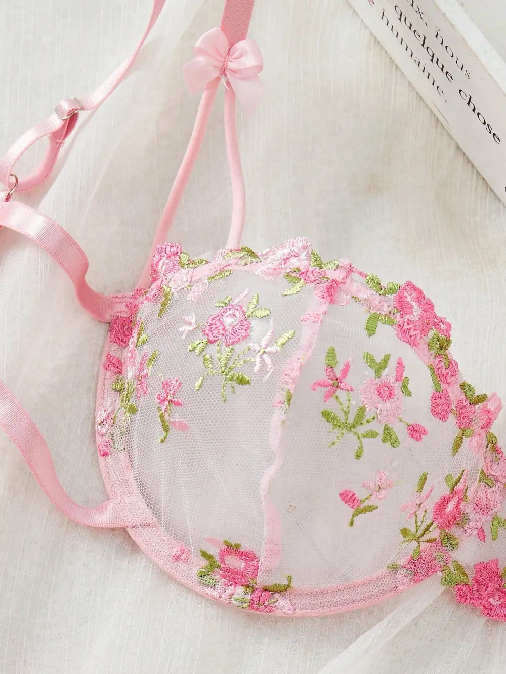 Floral Embroidered Demi Bra And Thong Set