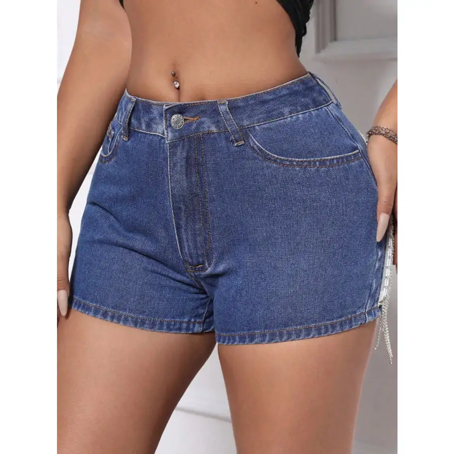 Buttoned Pocketed Fringe Detail Denim Shorts