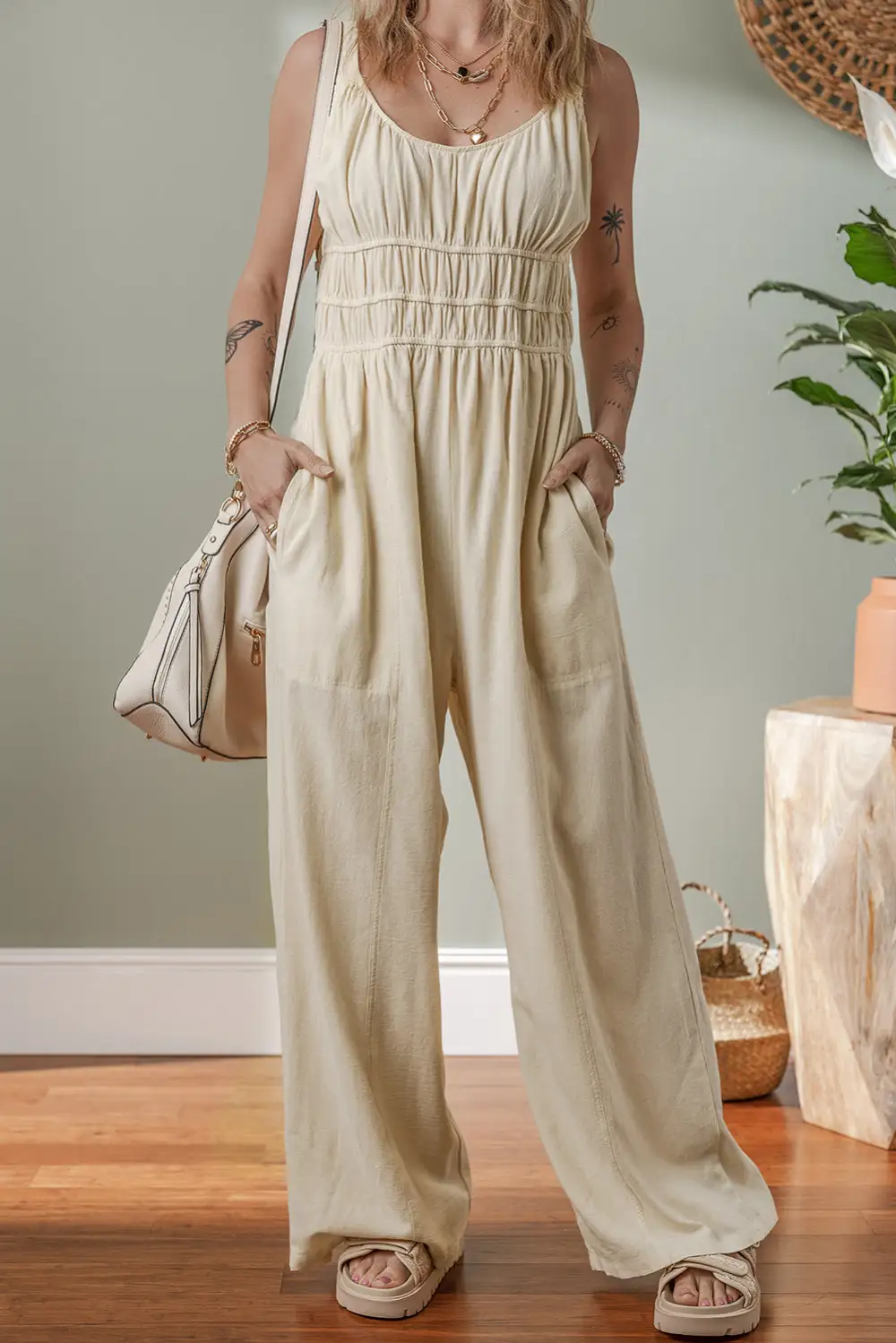 Ruched High Waist Sleeveless Wide Leg Jumpsuit