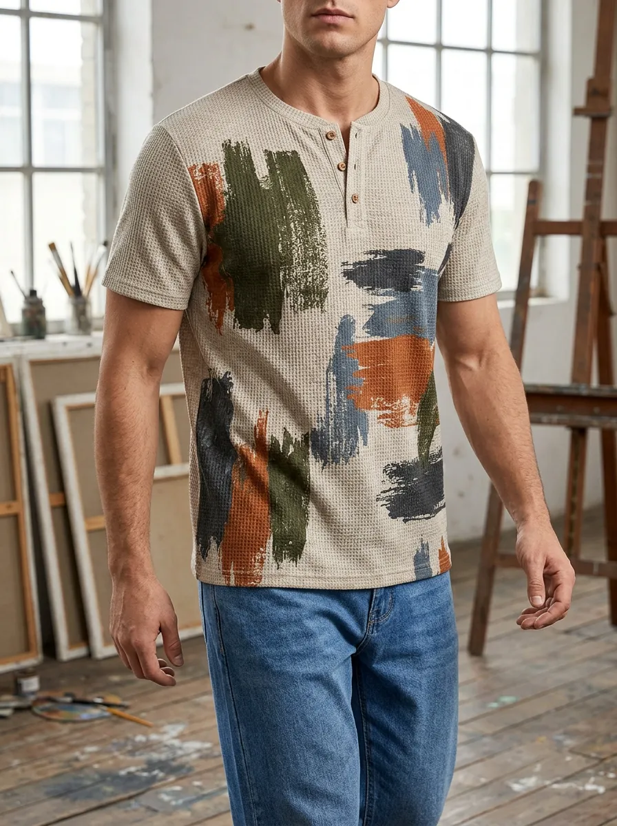 Men's Everyday Abstract Brushstroke Waffle Knit Henley T-Shirt