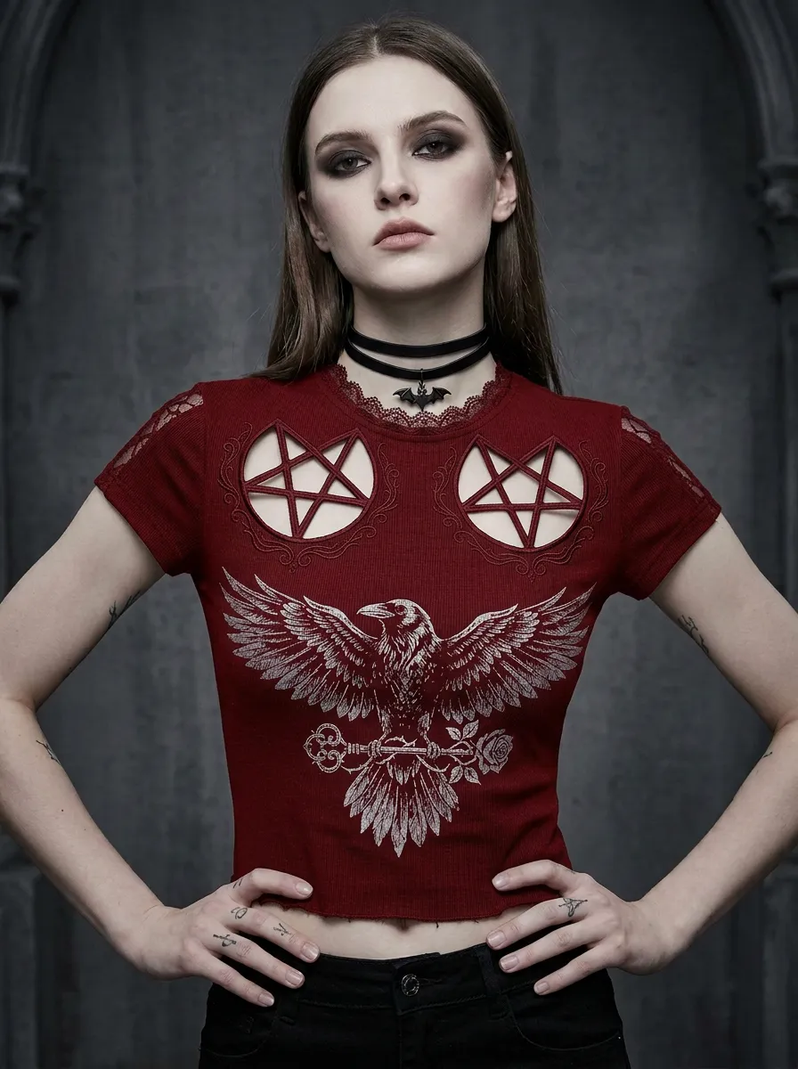 Underground Pentagram Raven Victorian Look Women's Gothic T-Shirt