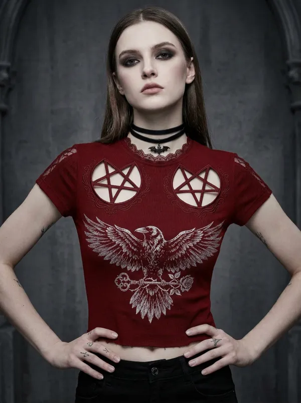 Underground Pentagram Raven Victorian Look Women's Gothic T-Shirt