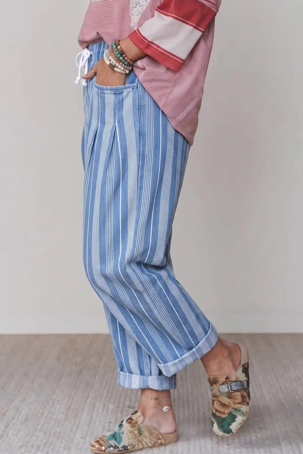 Women's Stripe High Waist Wide Leg Lace Up Barrel Jeans