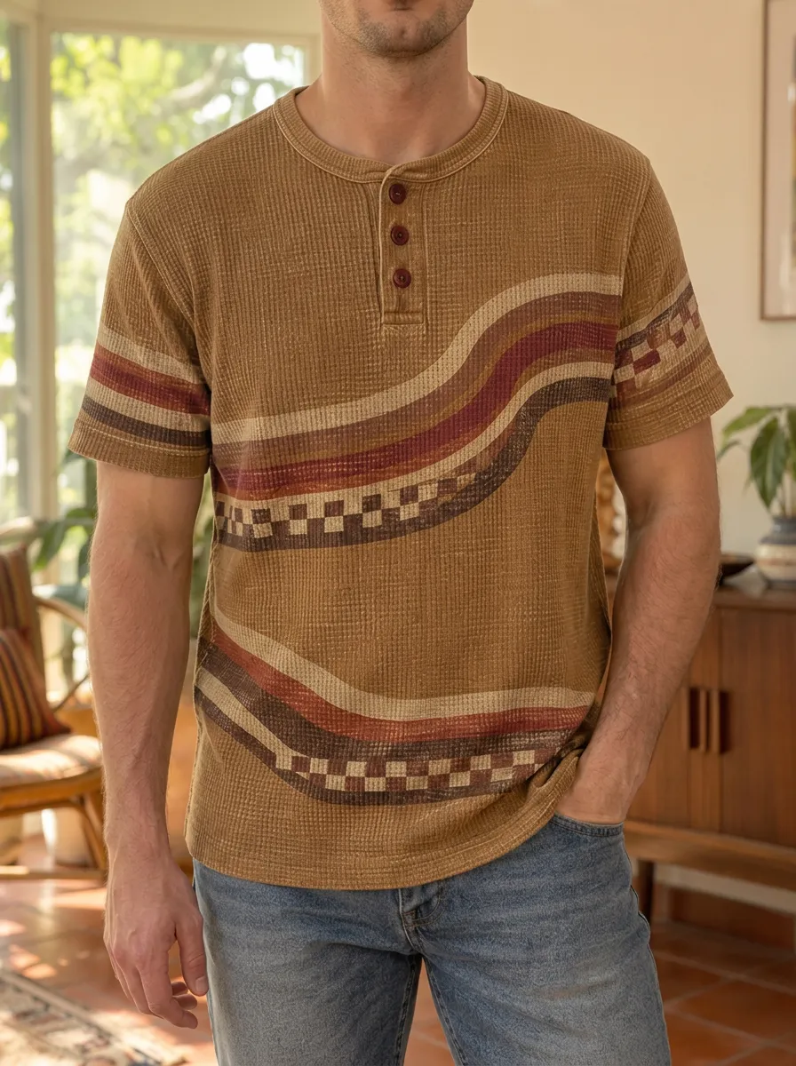Men's Everyday Vintage Retro Waffle Knit Striped Checkerboard Henley T-Shirt