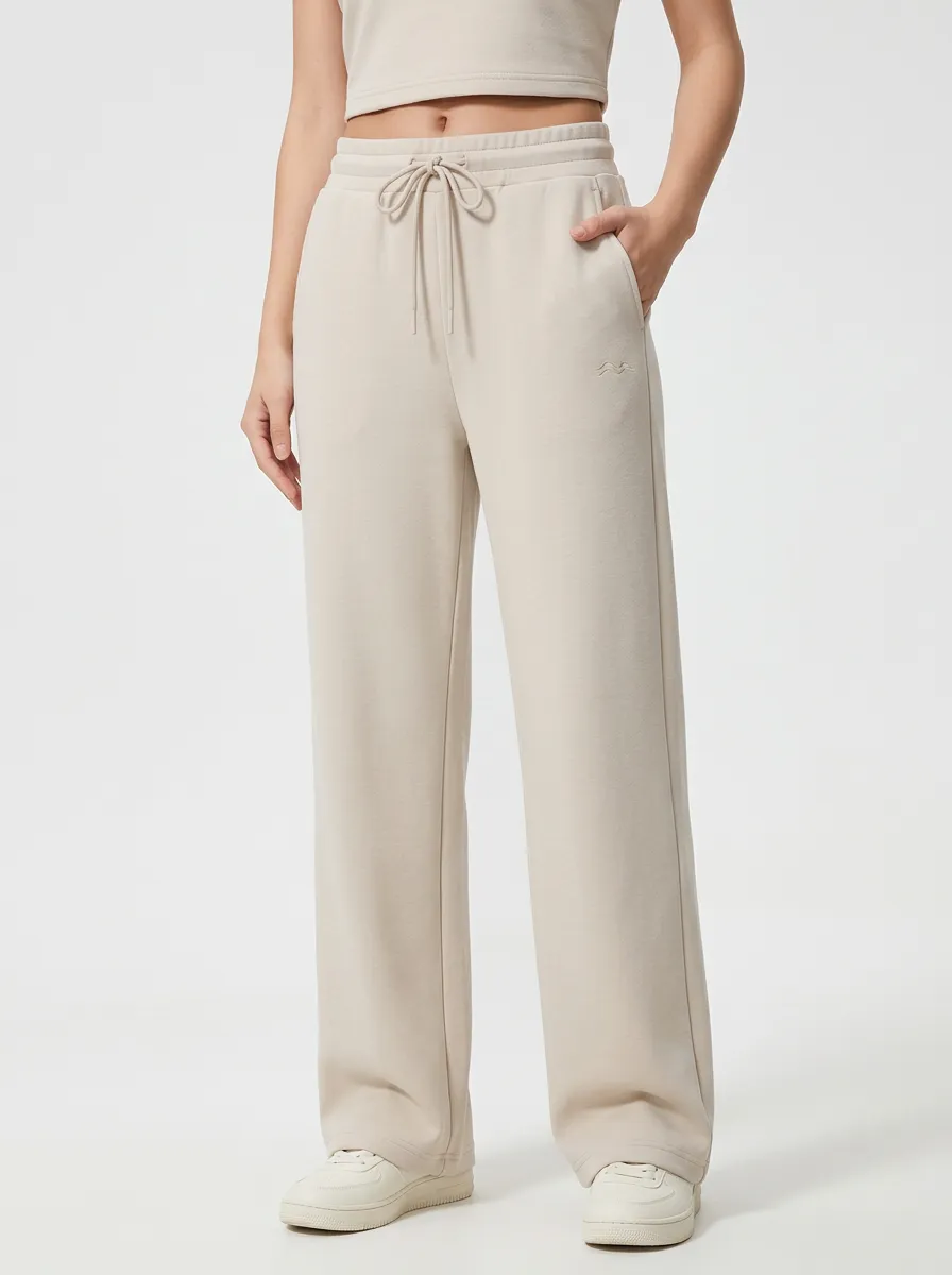 Women's Minimalist Beige Solid Color Embroidered Wide Leg Sweatpants