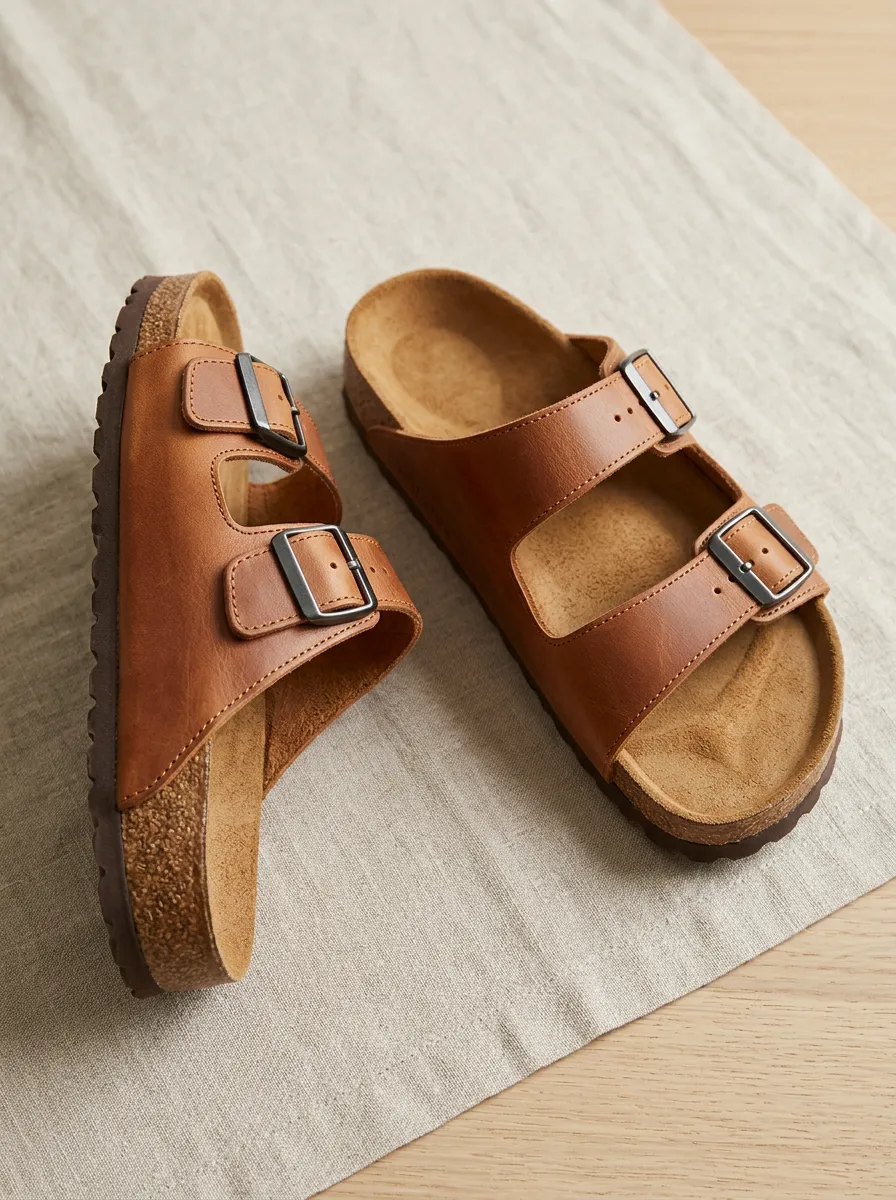 Unisex Classic Leather Double Buckle Cork Footbed Sandals