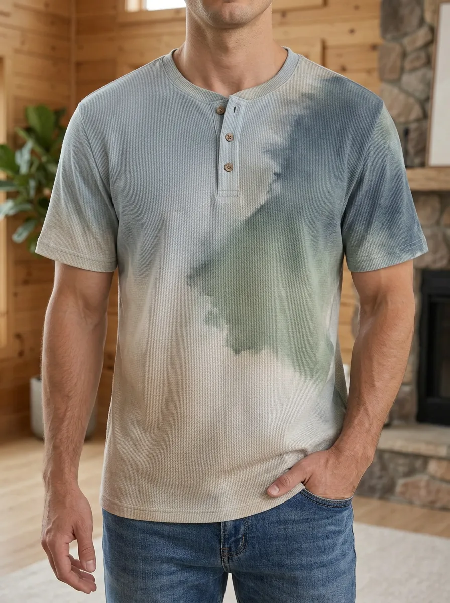 Men's Waffle Knit Tie-Dye Pattern Printed Henley T-shirt