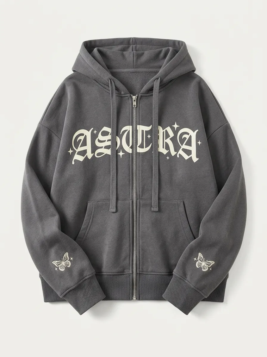 Unisex Streetwear Astra Gothic Letter Butterfly Printed Zip-up Hoodie