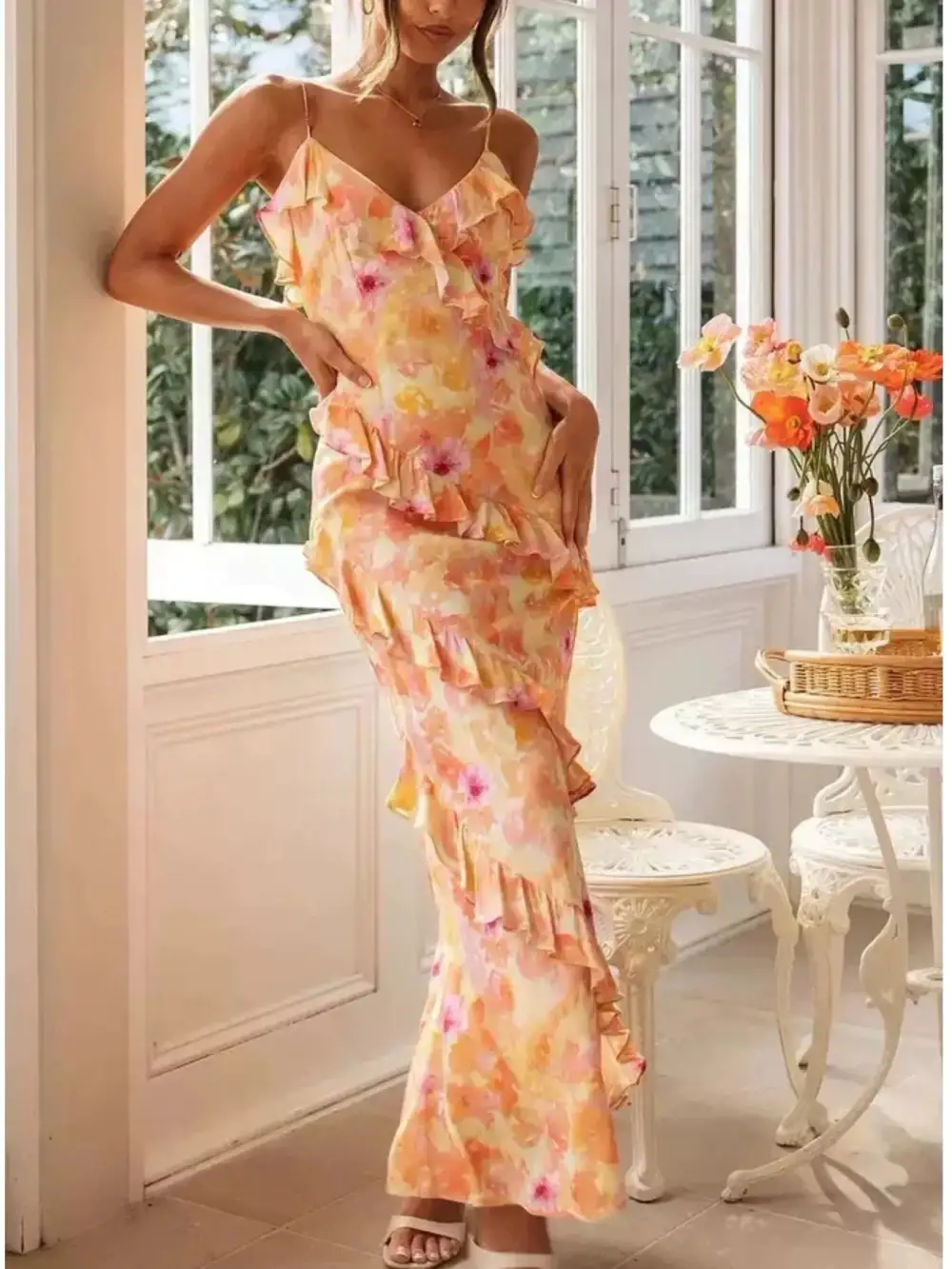 Floral Print Ruffle Trim Spaghetti-Strap Maxi Dress