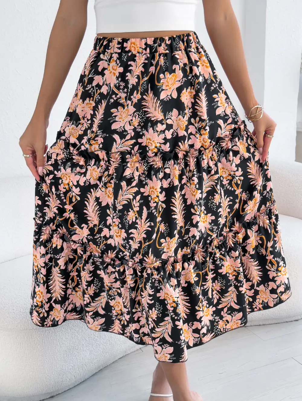 Floral Ruffle Midi Skirt