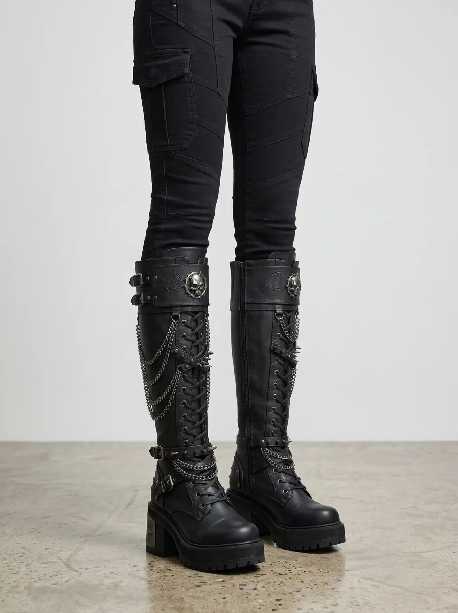 Midnight Skull Rose Chain Style Women's Gothic Platform Knee High Boots