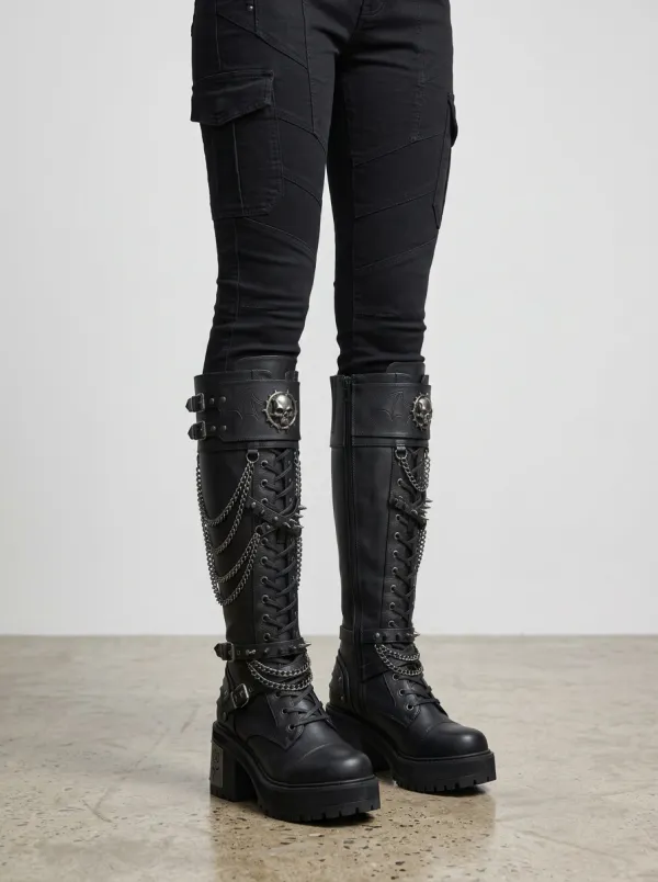 Midnight Skull Rose Chain Style Women's Gothic Platform Knee High Boots