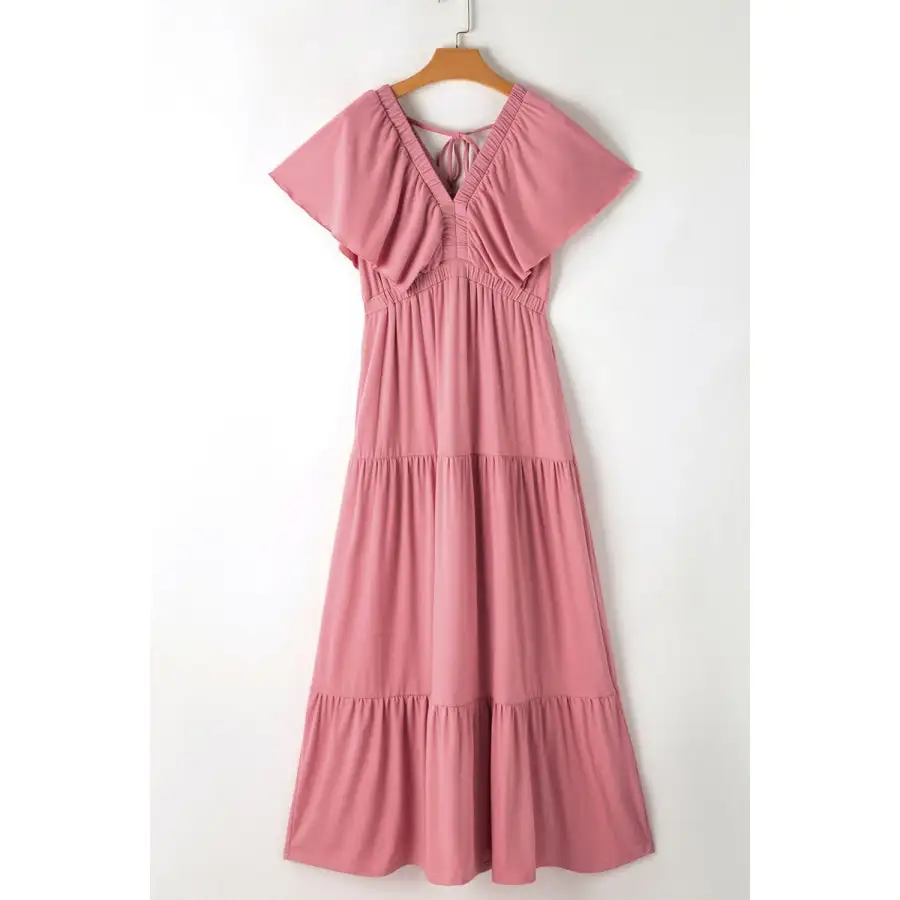 Ruffled V Neck Flutter Sleeve Maxi Dress
