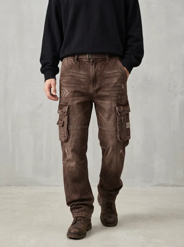 Men's Distressed Denim Arrow Printed Cargo Jeans