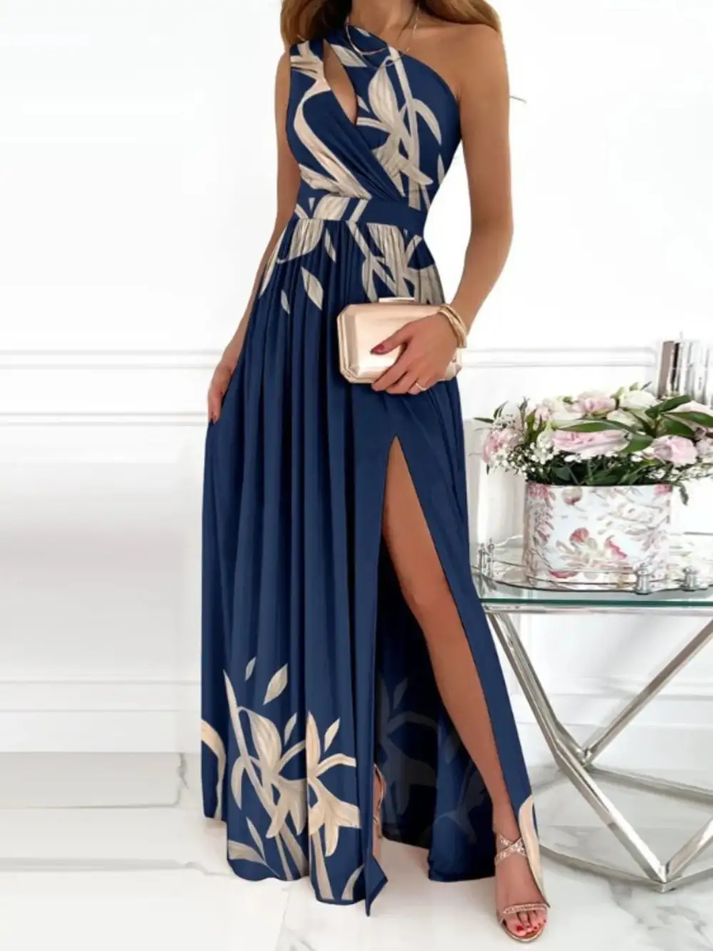 Split Single Shoulder Printed Maxi Dress