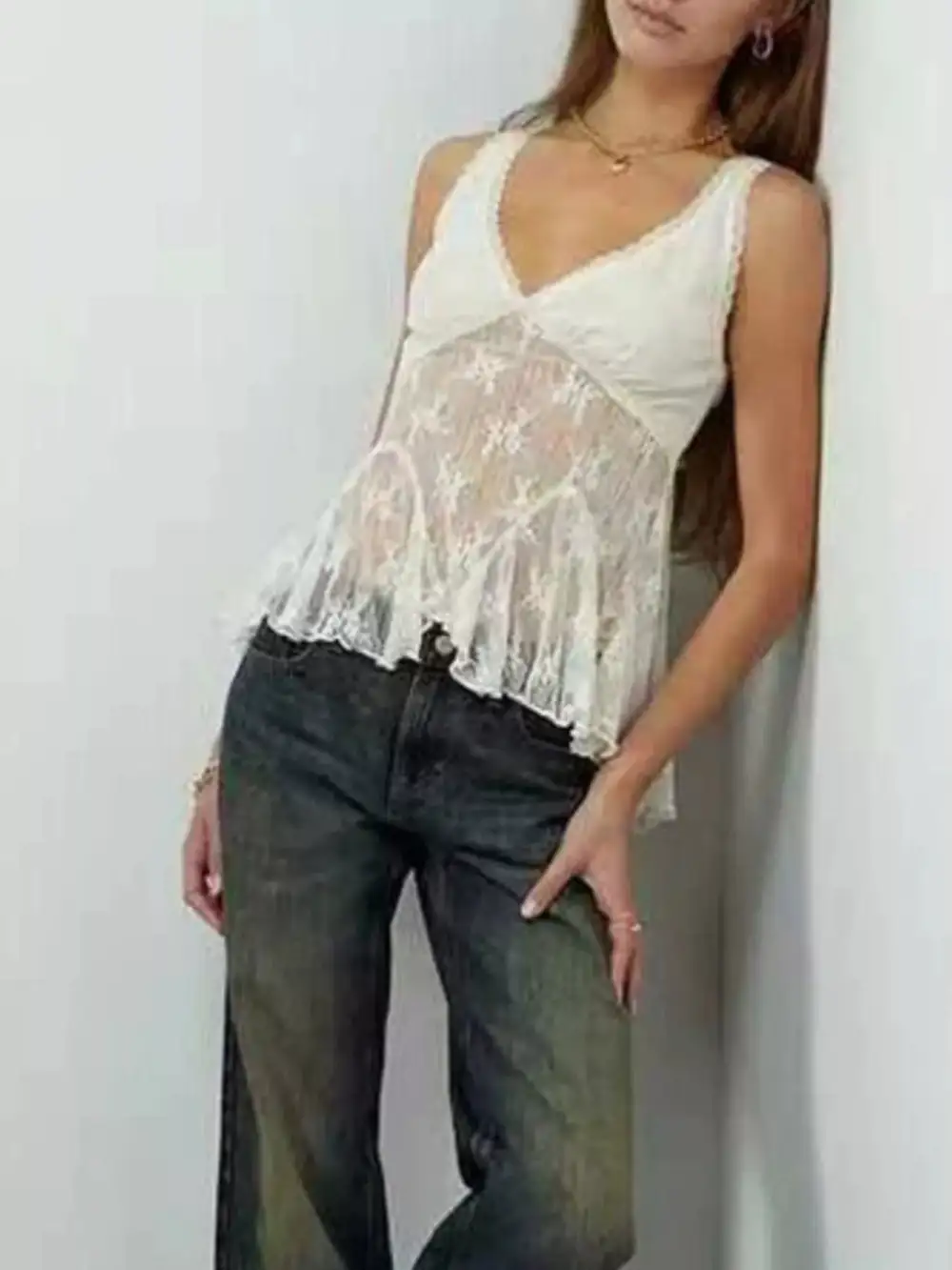 V-Neck Lace Smocked Tank Top