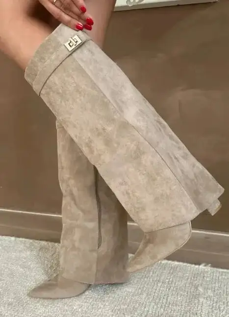 Suede Thigh Tall Boots Buckle  Heeled Boots