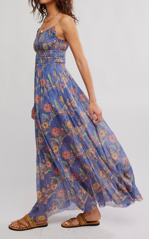 Blue Floral Print Sleeveless Maxi Dress