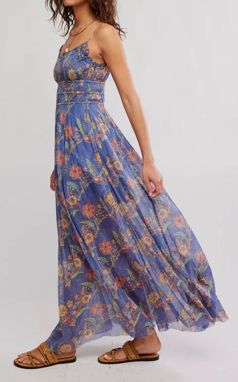 Blue Floral Print Sleeveless Maxi Dress