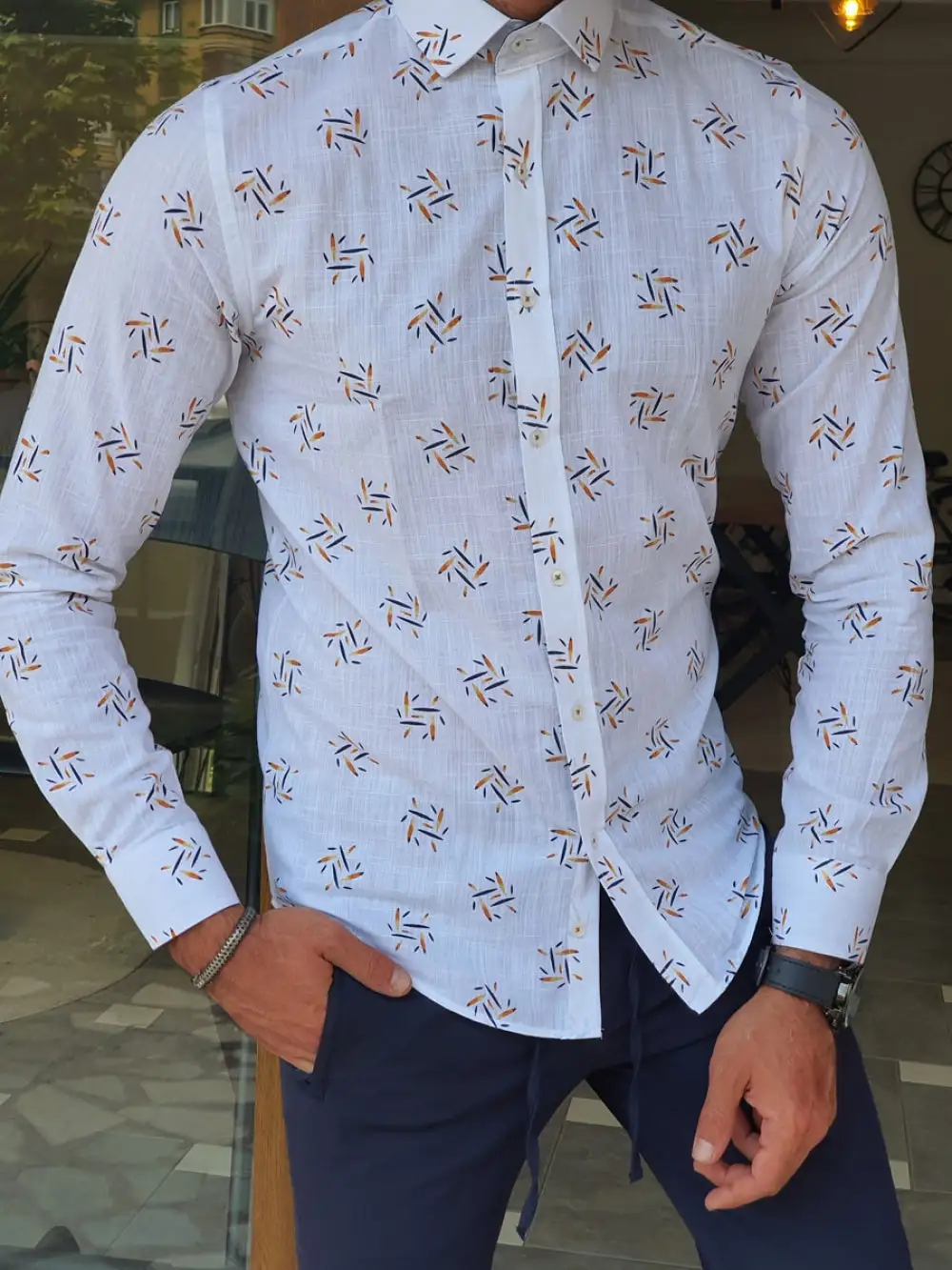 Patterned Slim Fit Linen Casual Shirt