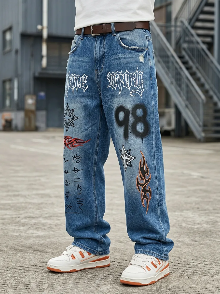 Men's Streetwear Graffiti Flame Tribal Jeans