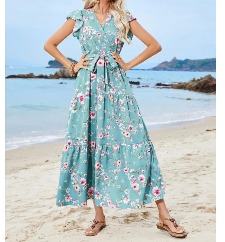 Ruffled Surplice Cap Sleeve Midi Dress