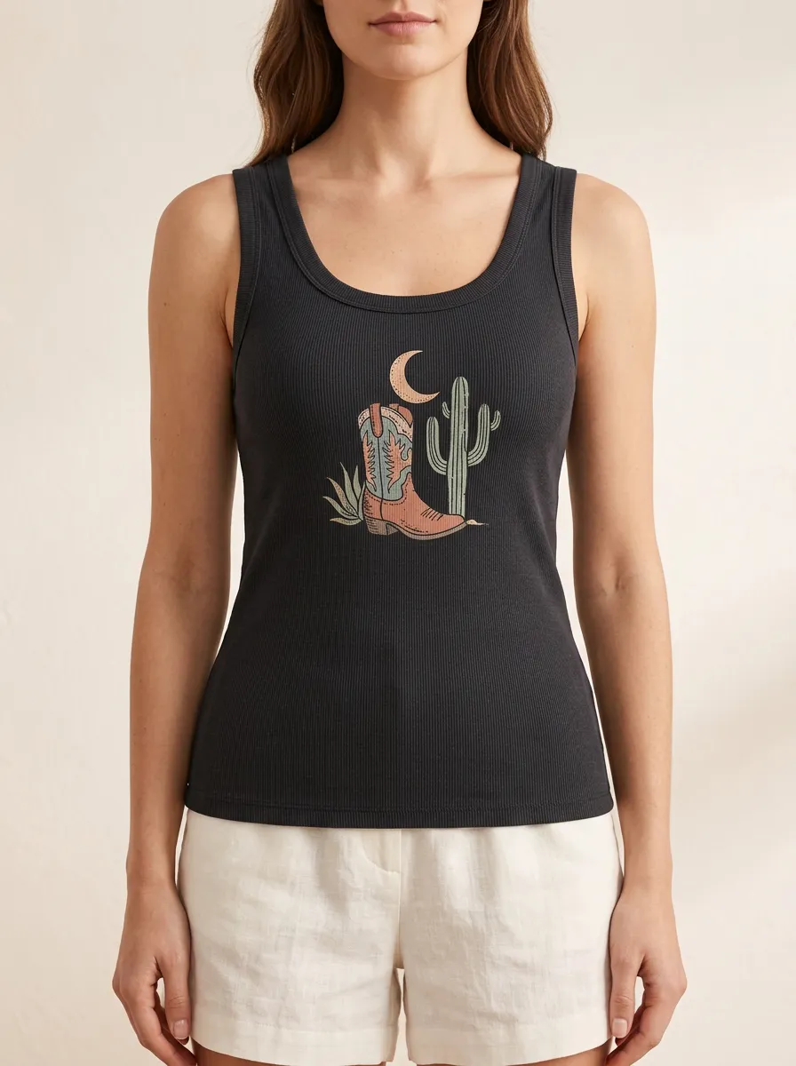 Cowboy-Boot Cactus Moon Built-In Bra Tank Top