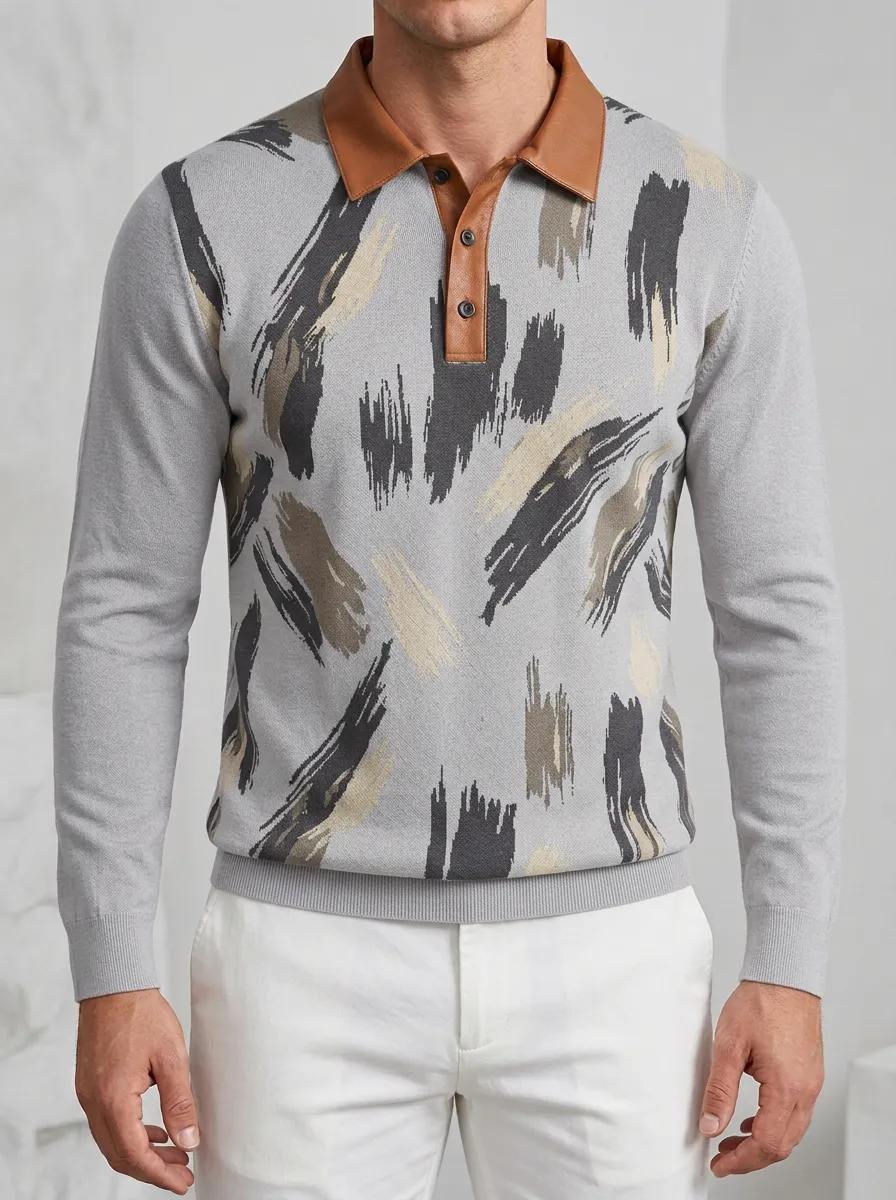 Men's Abstract Brushstroke Pattern Leather Collar Printed Polo Shirt