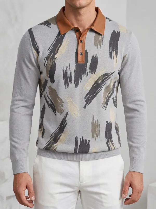 Men's Abstract Brushstroke Pattern Leather Collar Printed Polo Shirt