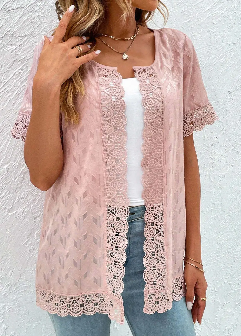 Pink Lace Short Sleeve Round Neck Topper