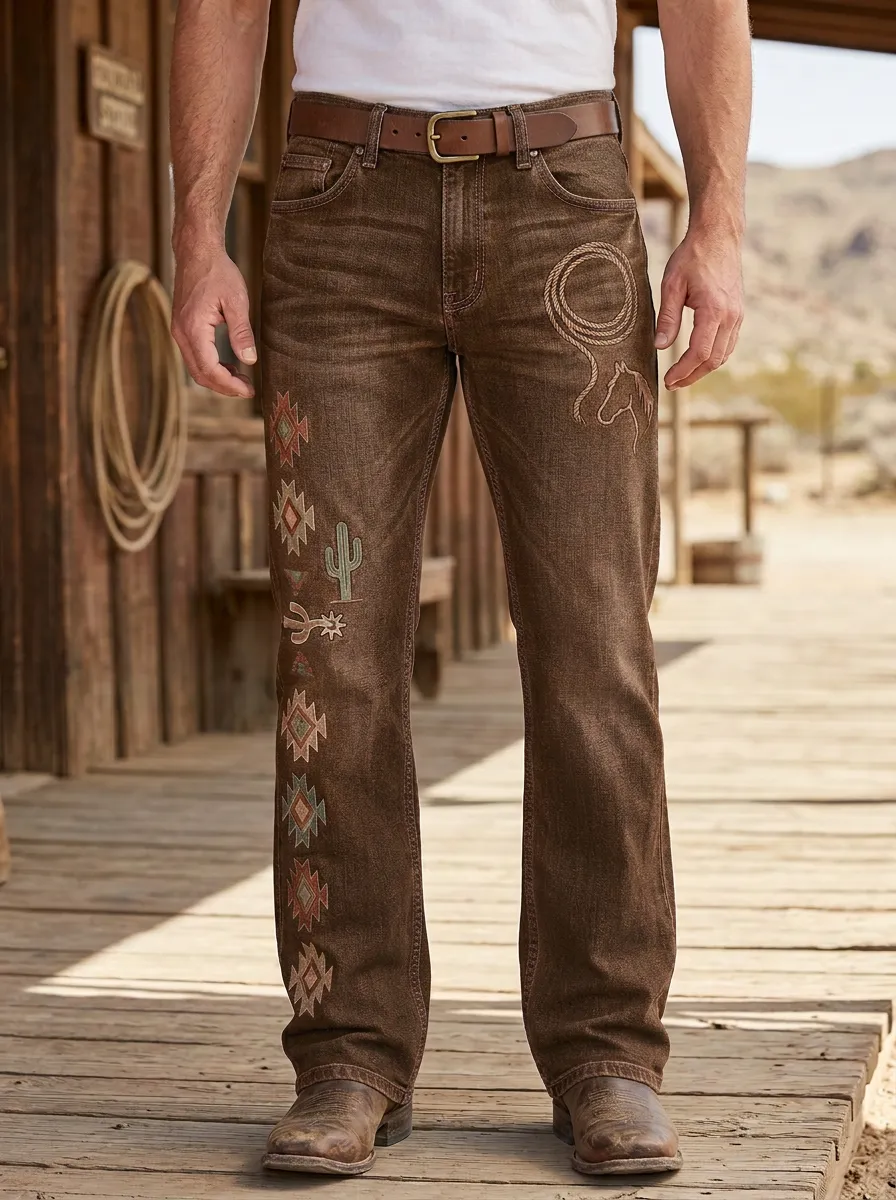 Men's Western Cowboy Horse Lasso Cactus Geometric Jeans