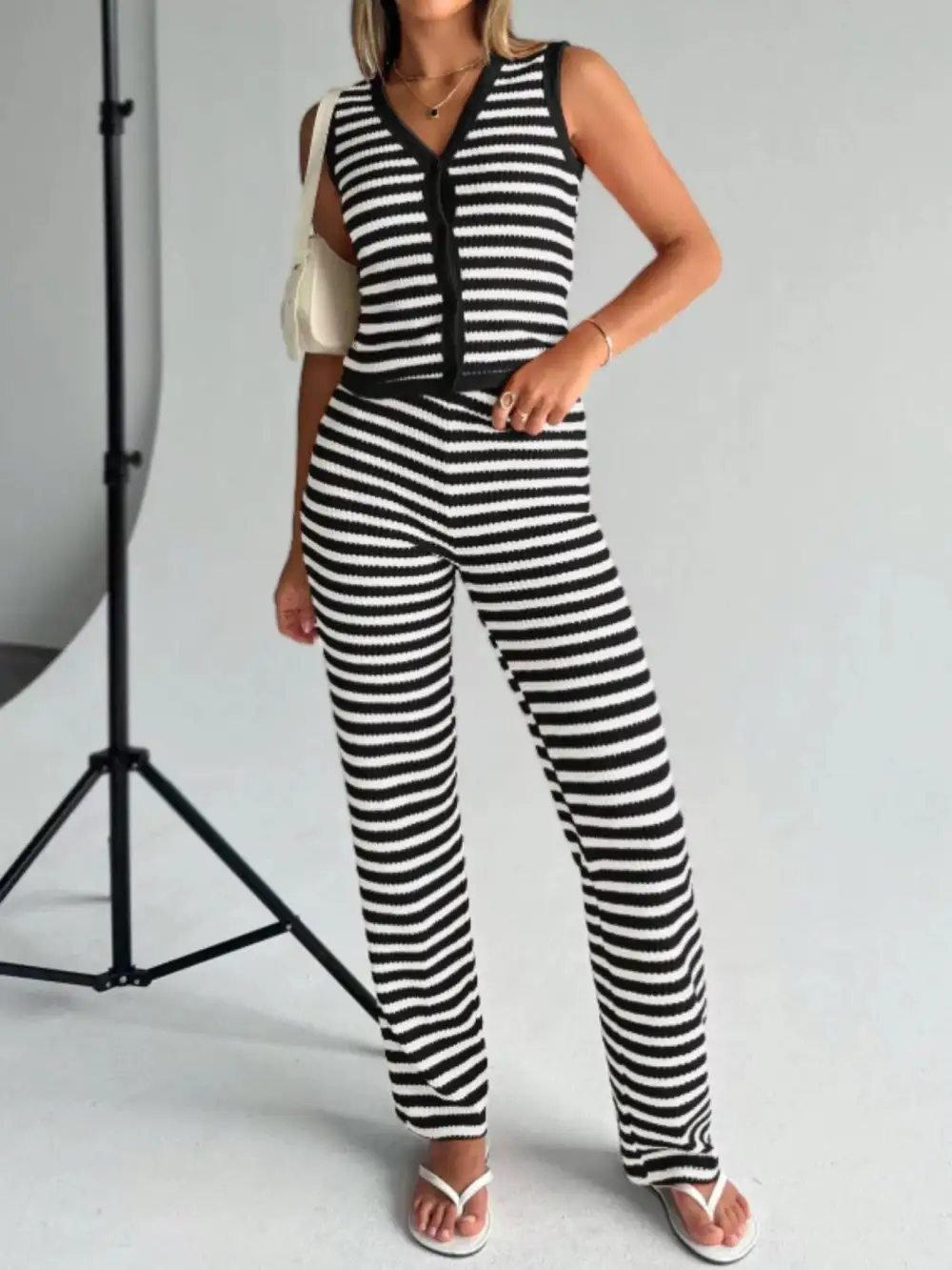 Striped Knit V Neck Button Up Sleeveless Top and Pants