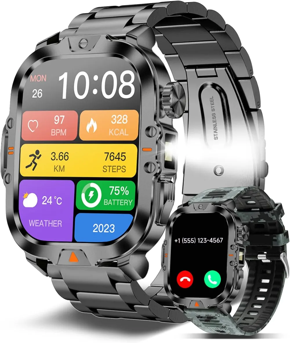 Smart Watch for Men Military Answer/Make Call 2.01″ Display 170+ Sports Modes Fitness Smart Watch IP68 Waterproof 30 Days Standby Smartwatch for Android iOS Black (2 Straps)