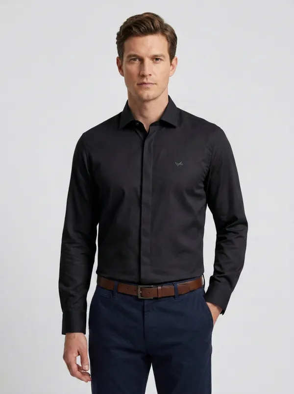 Men's Non-Iron Cotton Light Blue Embroidered Logo Long Sleeve Shirt