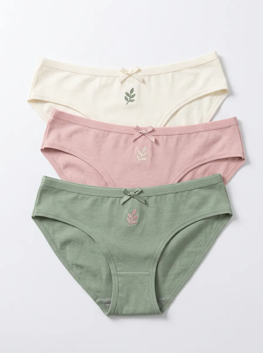 Women's Bow-Detail Leaf Embroidered Mid-Rise Brief Set