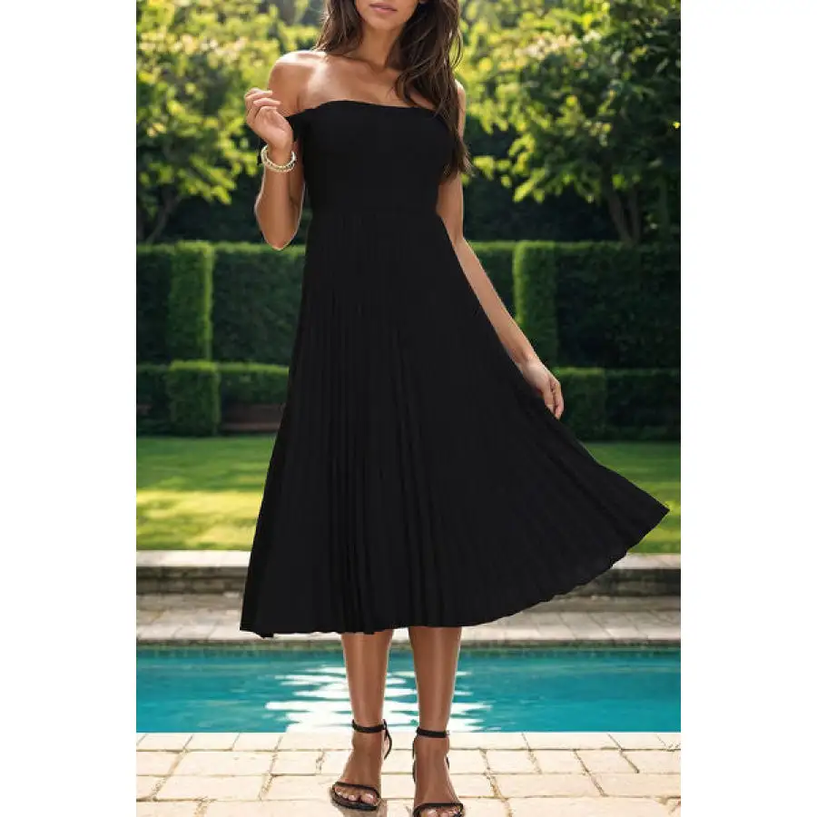 Pleated Off-Shoulder Midi Dress