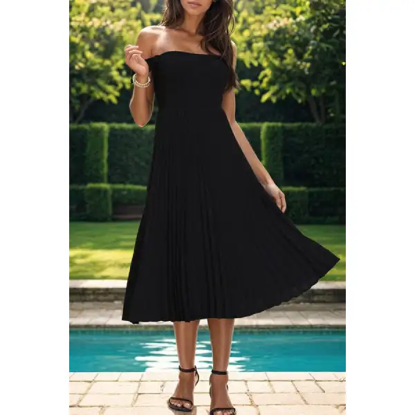 Pleated Off-Shoulder Midi Dress