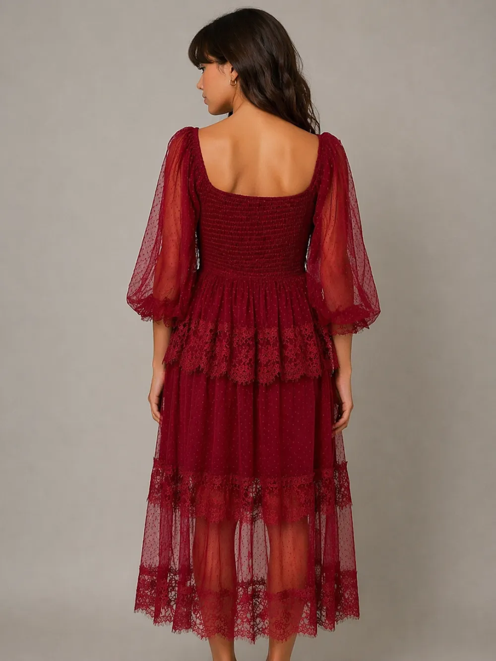 Floral Lace Detail Mesh Detail Smocked Dress