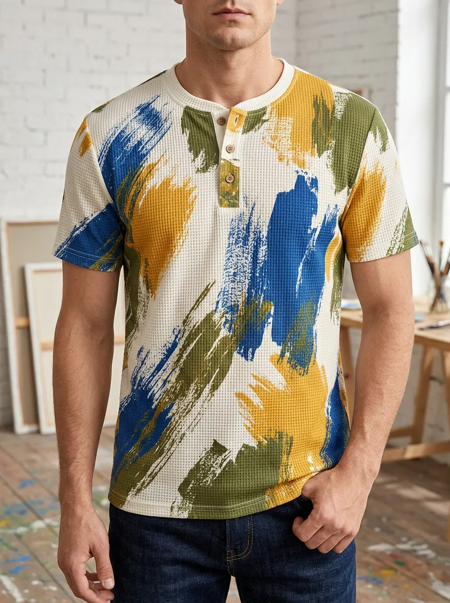 Men's Relaxed Abstract Brushstroke Waffle Henley T-Shirt