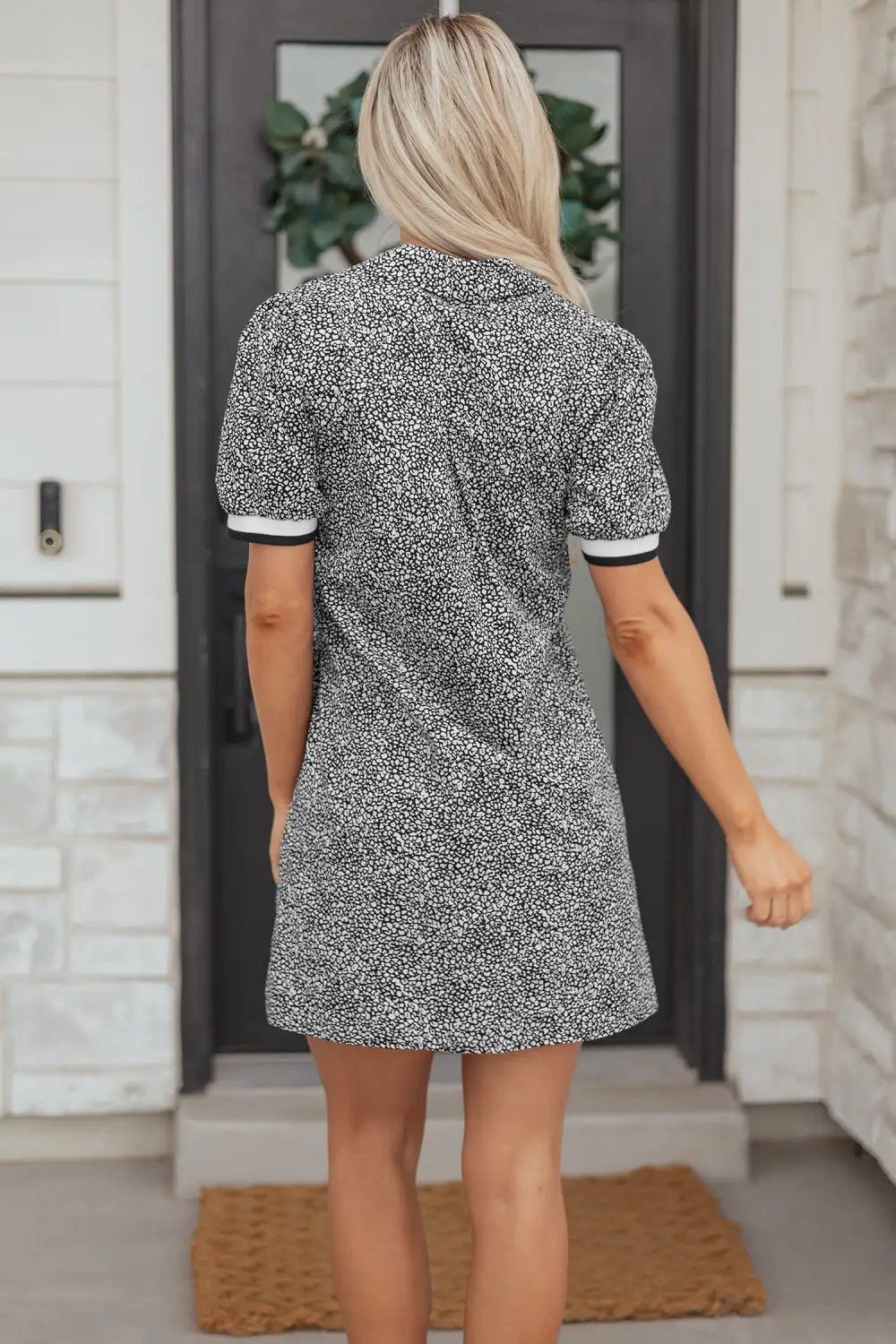 Women's Striped Leopard Print Printed Short Sleeve Mini Dress