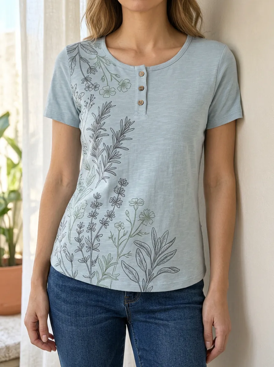 Women's Botanical Nature Lover Floral Printed Henley T-shirt