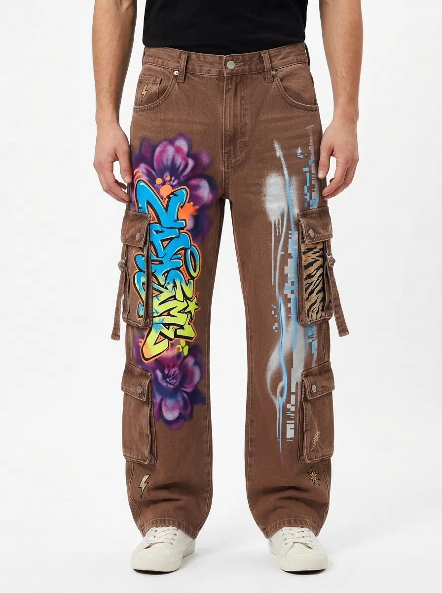 Men's Streetwear Graffiti Flower Mixed Motif Cargo Jeans