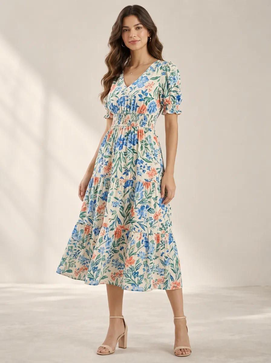 Women's Relaxed Casual Botanical Floral V Neck Smocked Printed Dress