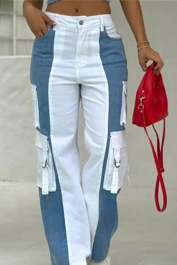Patchwork Colorblock Multi-Pocket Straight Leg Jeans