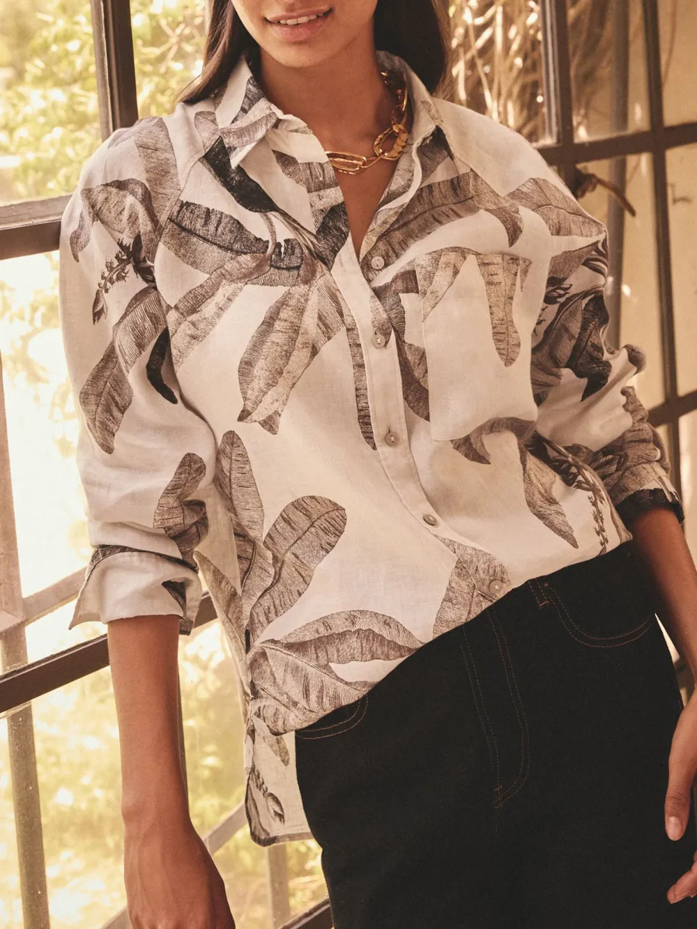 Linen Flat Collar Loose Long Sleeve Shirt