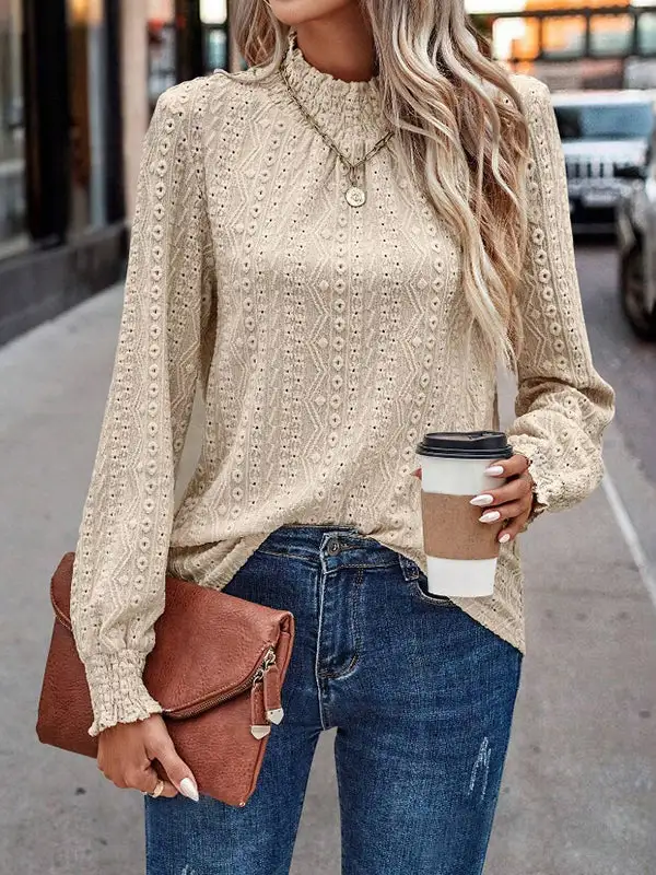 Long Sleeve Relaxed Elasticity Jacquard Pleat Detail Mock Neck T-Shirt